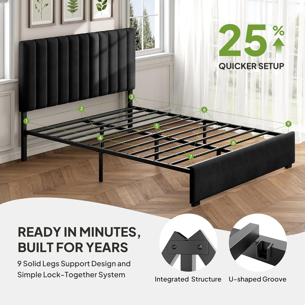 Welzona Queen Upholstered Bed Frame with Headboard, Velvet Upholstered Metal Platform Bed with Vertical Channel Tufted Headboard, 3-Level Height, Metal Slat Support, Noise-Free Easy Assembly, Black