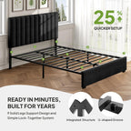 Welzona Queen Upholstered Bed Frame with Headboard, Velvet Upholstered Metal Platform Bed with Vertical Channel Tufted Headboard, 3-Level Height, Metal Slat Support, Noise-Free Easy Assembly, Black