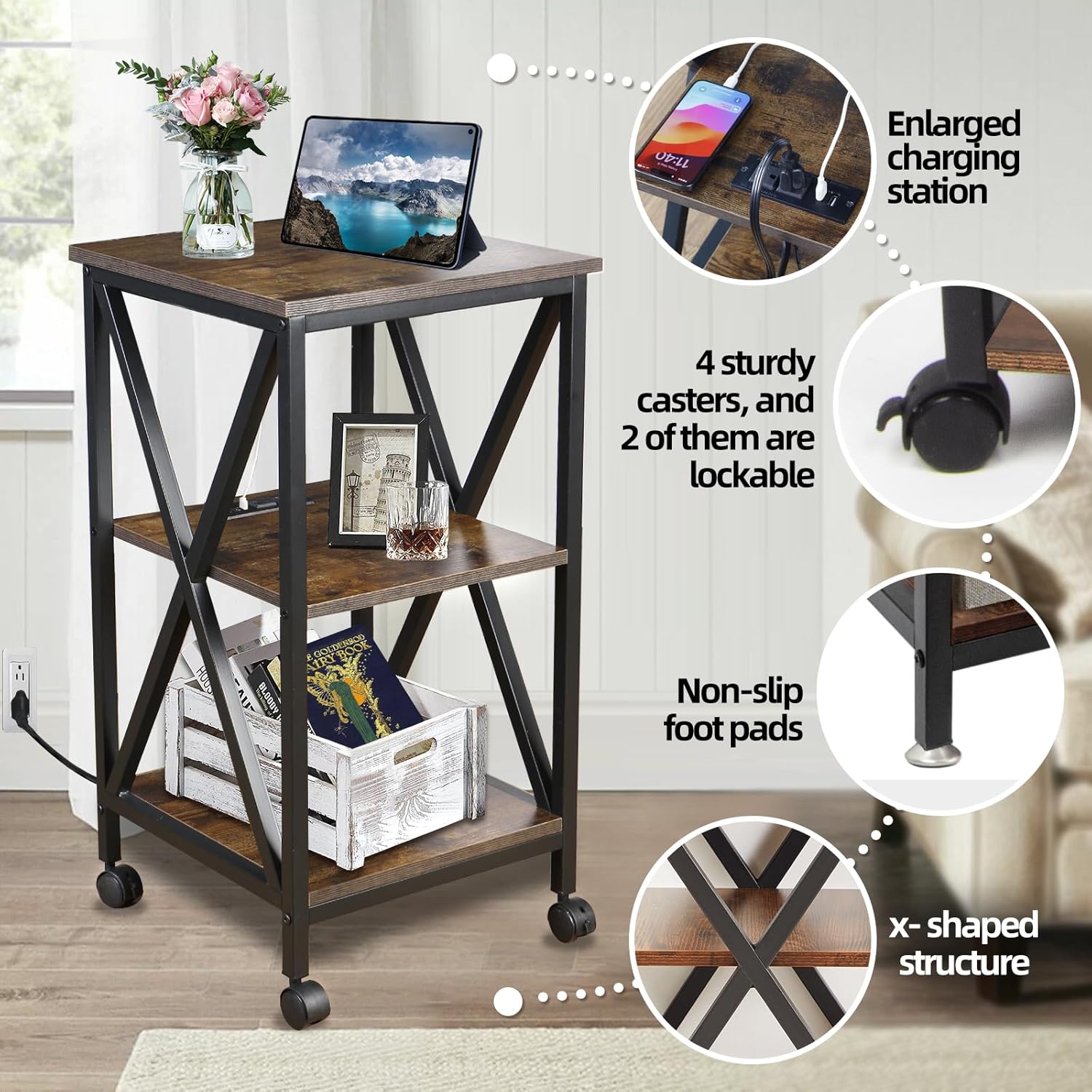 End Tables Living Room Set of 2, Square End Table with Charging Station, 16" D X 16" W X 28" H, Wood and Metal Table with USB Ports and Outlets, Side Table with Wheels for Living Room, Bedroom