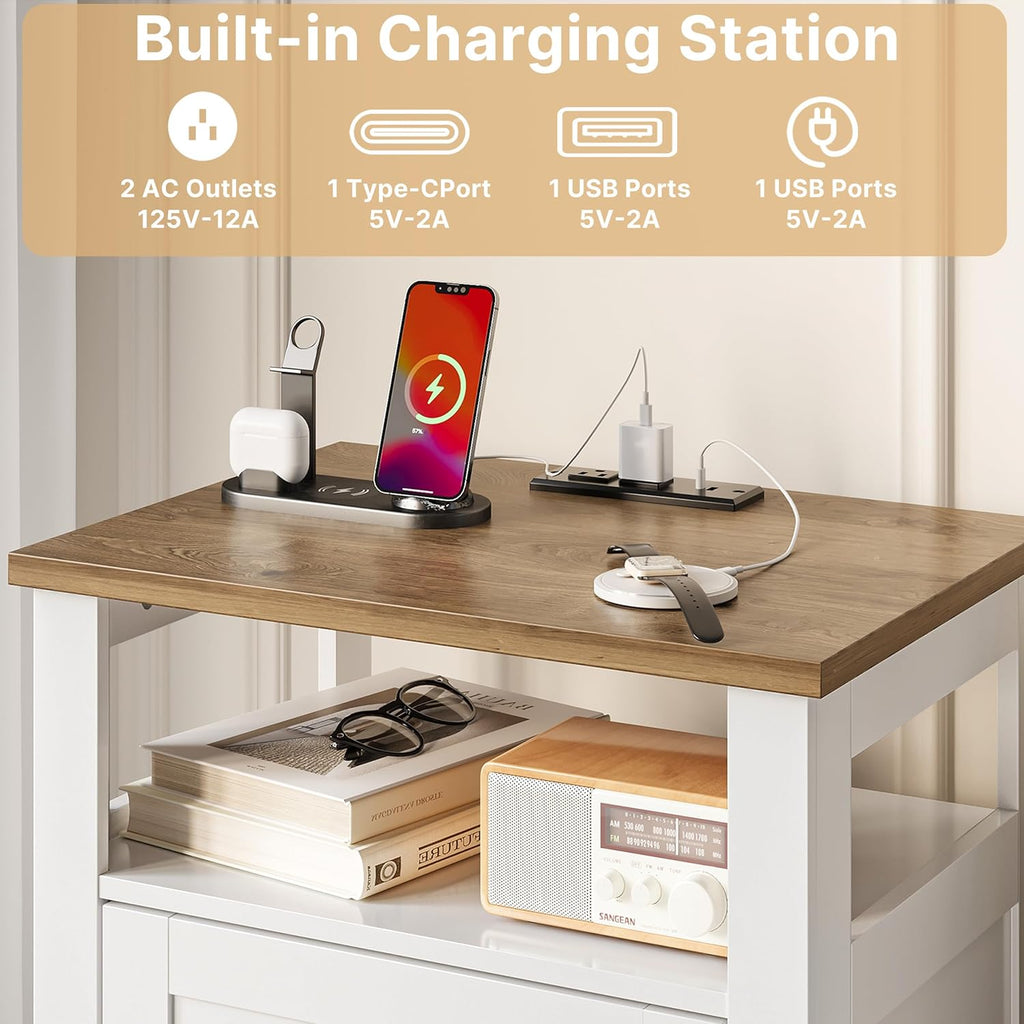Decofy Farmhouse Nightstand with Charging Station, Modern End Tables with 2 Drawers & Open Shelf, Outlets, USB Ports & Type-C Ports, Wood Rustic Nightstands for Bedroom (2 Pack, Pure White + Walnut)