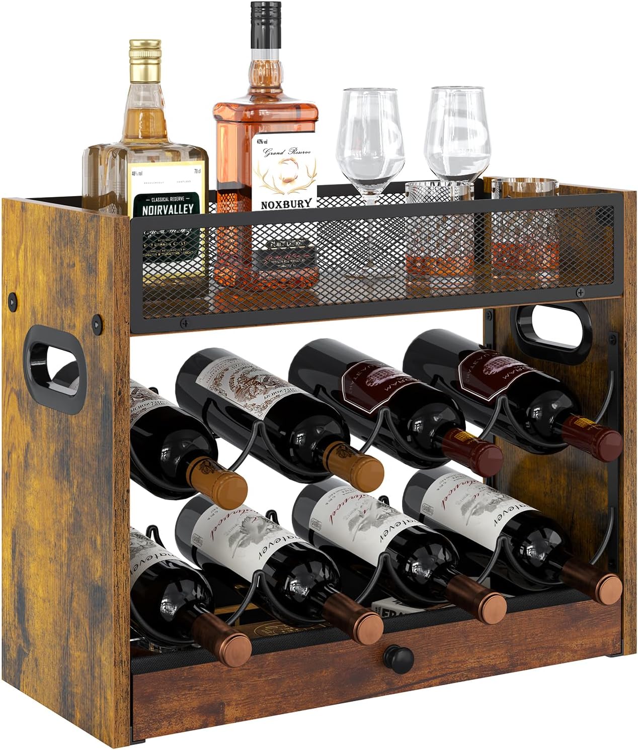 3-Tier Countertop Wine Rack, Coffee Syrup Rack Organizer With Drawer for Coffee Bar, Tabletop Liquor Bottle Display Shelf for Home Kitchens, Restaurants and Bar Counters, Holds up to 18 Bottles