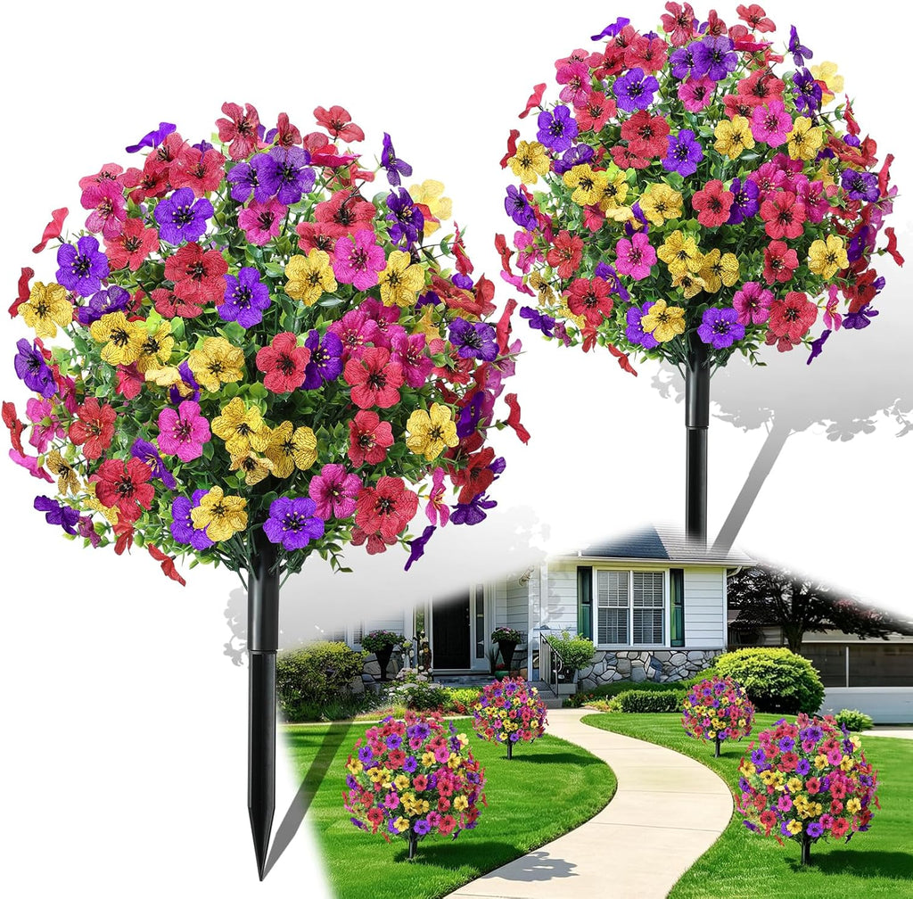 Artificial Outdoor Flowers with Stake, 2 Pack 22" UV Resistant Violet Faux Flower Balls, Realistic Artificial Flowers for Outdoor Porch Garden Yard Indoor Home Decor (Red Rose Purple Yellow)