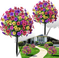 Artificial Outdoor Flowers with Stake, 2 Pack 22" UV Resistant Violet Faux Flower Balls, Realistic Artificial Flowers for Outdoor Porch Garden Yard Indoor Home Decor (Red Rose Purple Yellow)