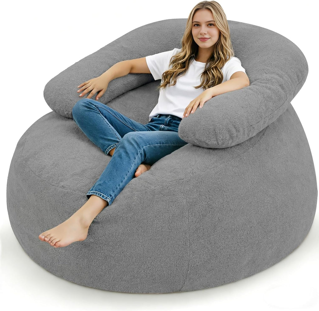 HABUTWAY Giant Bean Bag Chair, Oversized Beanbag Chair with Filler, Ultra Soft Teddy Fleece Bean Bag Lounge Floor Sofa w/U-Shaped Pillow for Gaming, Reading, Light Grey & Light Grey