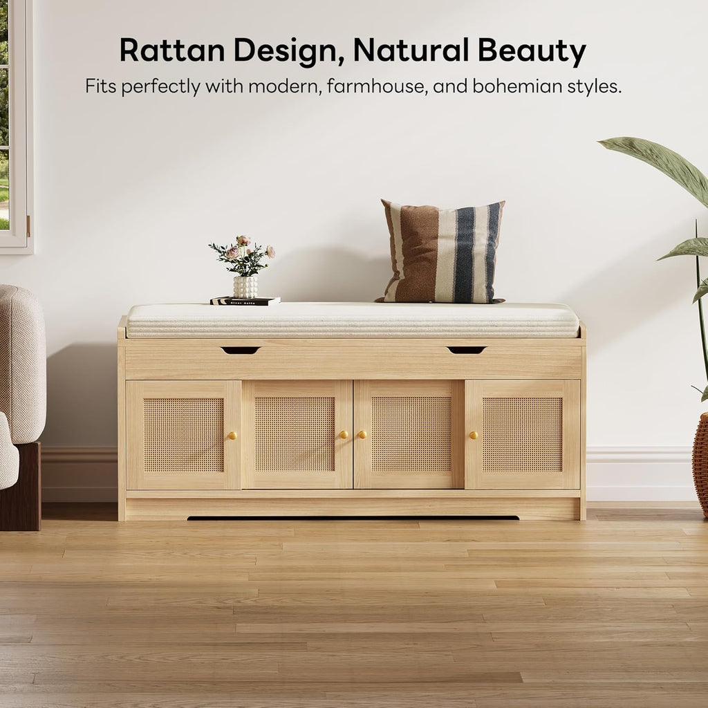 LIKIMIO 47.2" Shoe Bench with Lift Top Storage, Entryway Bench with Cushioned Seat, 2-Tier Rattan Shoe Cabinet with Adjustable Shelf, Storage Bench for Bedroom, Living Room, Hallway, Natural