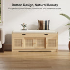 LIKIMIO 47.2" Shoe Bench with Lift Top Storage, Entryway Bench with Cushioned Seat, 2-Tier Rattan Shoe Cabinet with Adjustable Shelf, Storage Bench for Bedroom, Living Room, Hallway, Natural