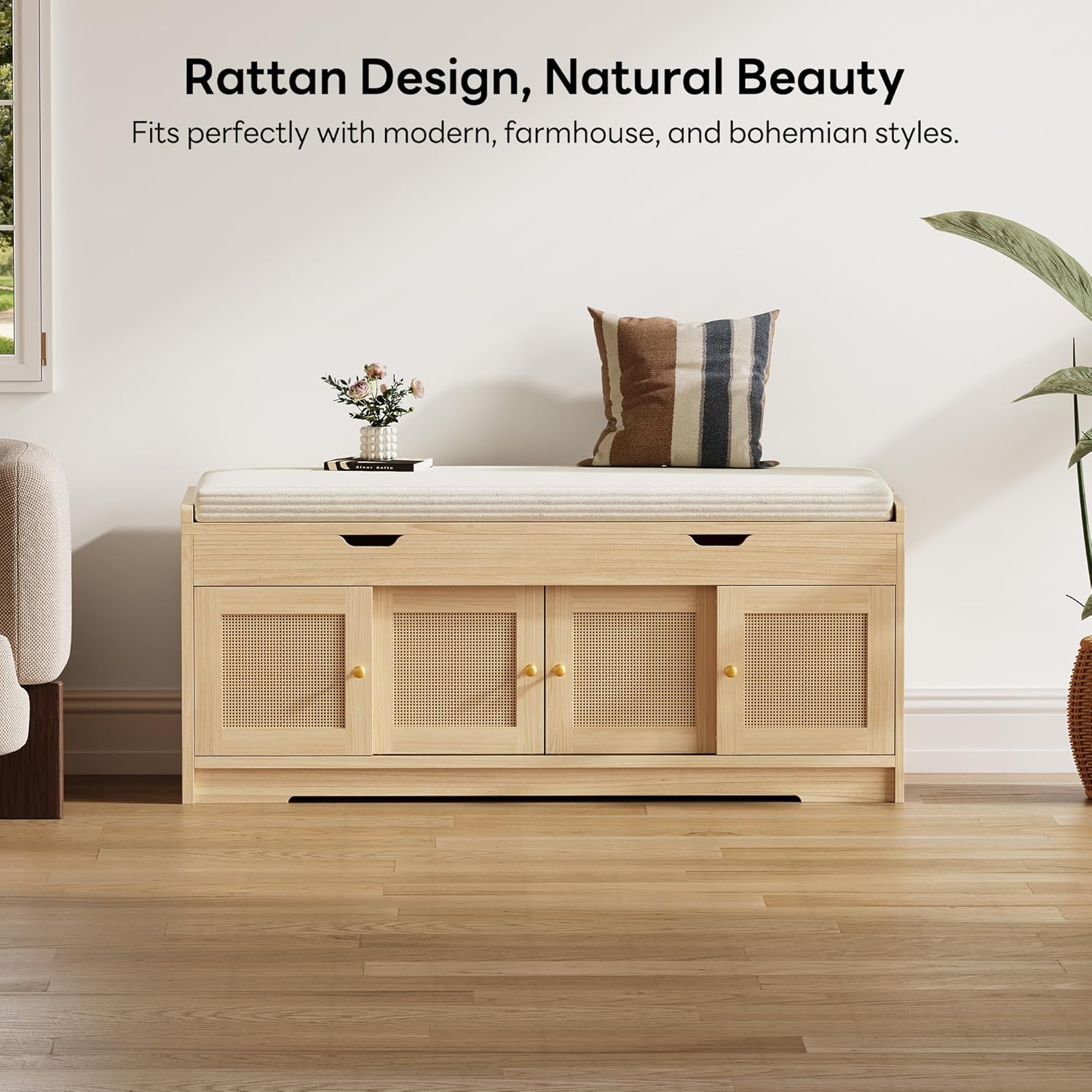 LIKIMIO 47.2" Shoe Bench with Lift Top Storage, Entryway Bench with Cushioned Seat, 2-Tier Rattan Shoe Cabinet with Adjustable Shelf, Storage Bench for Bedroom, Living Room, Hallway, Natural