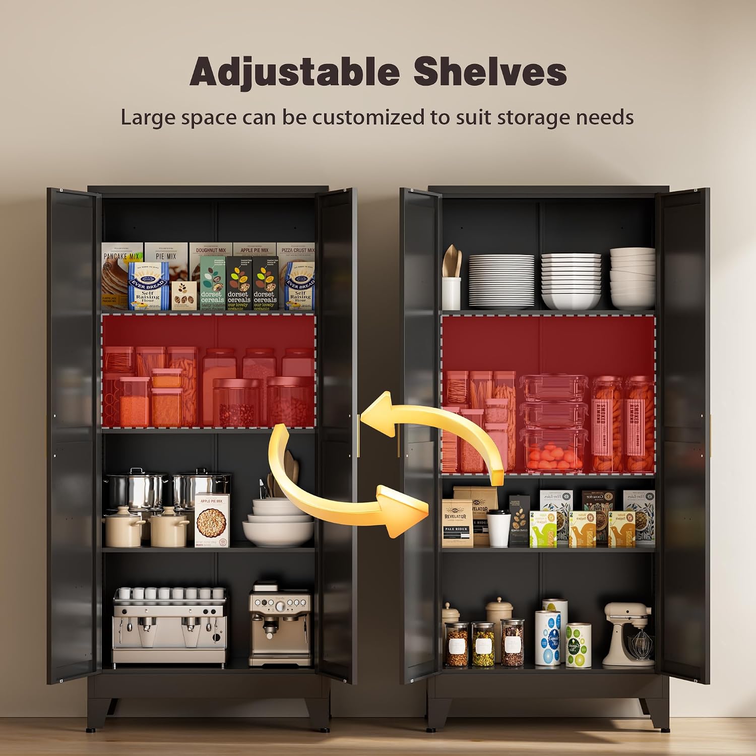 61" Tall Metal Pantry Cabinet, Kitchen Storage Cabinet with 2 Doors and 3 Adjustable Shelves for Kitchen, Living Room, Dining Room, Bathroom and Home, Office (Black, 1PC)