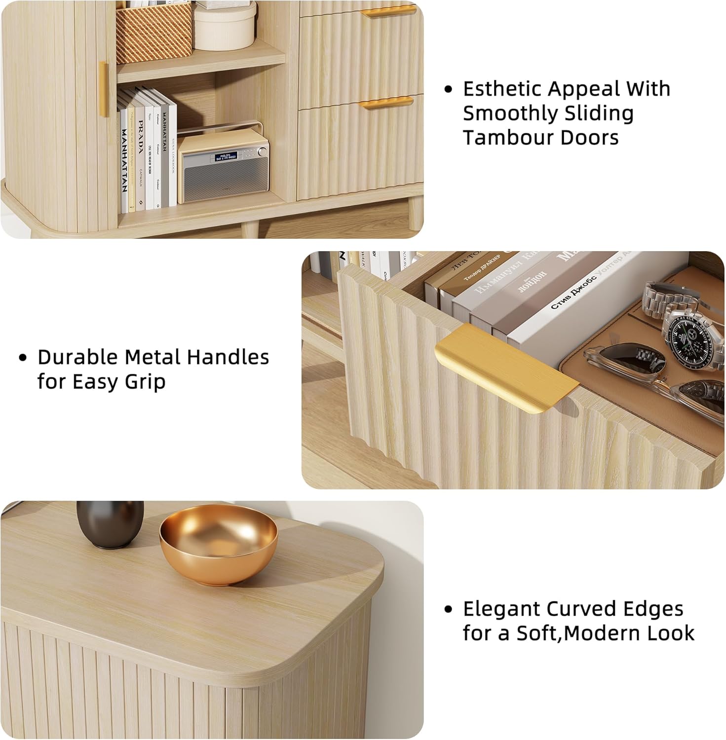 Lulive Natrual Buffet Cabinet, 55" Wide Sideboard Buffet Storage Cabinet with Rolling & Sliding Doors, Modern Bar Cabinet for Kitchen & Dining Room