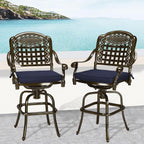 MEETWARM Outdoor Swivel Bar Stools Set of 2, All-Weather Cast Aluminum Bar Height Bistro Chairs with Footrest, High Back and Armrest, High Top Patio Bar Chairs with Cushion for Poolside Deck Backyard