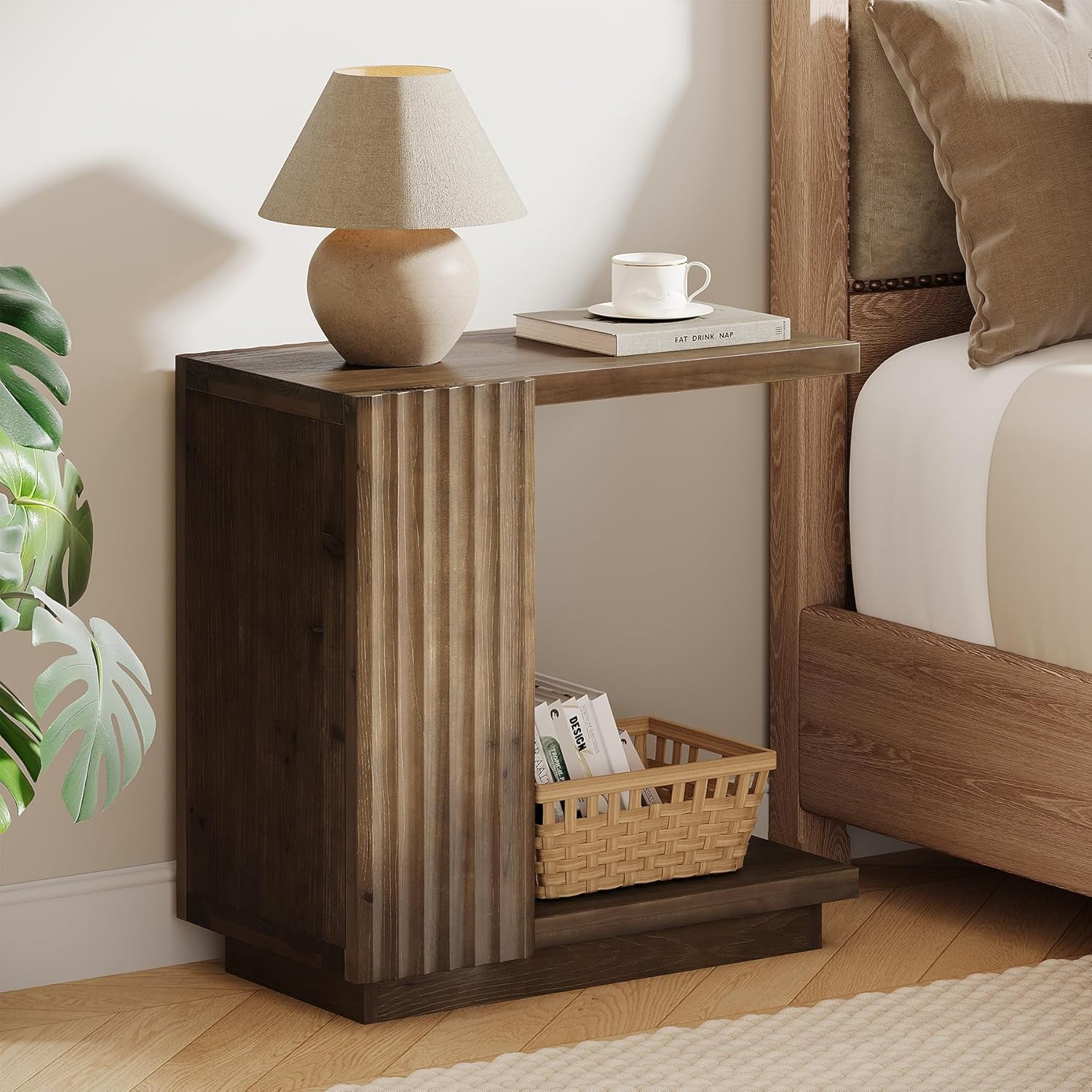 Solid Wood Side Table, C Shaped Narrow Sofa End Table with Fluted Panels and Storage Shelf, Space-Saving Small Nightstand for Small Spaces, Living Room, Bedroom, Vintage Brown