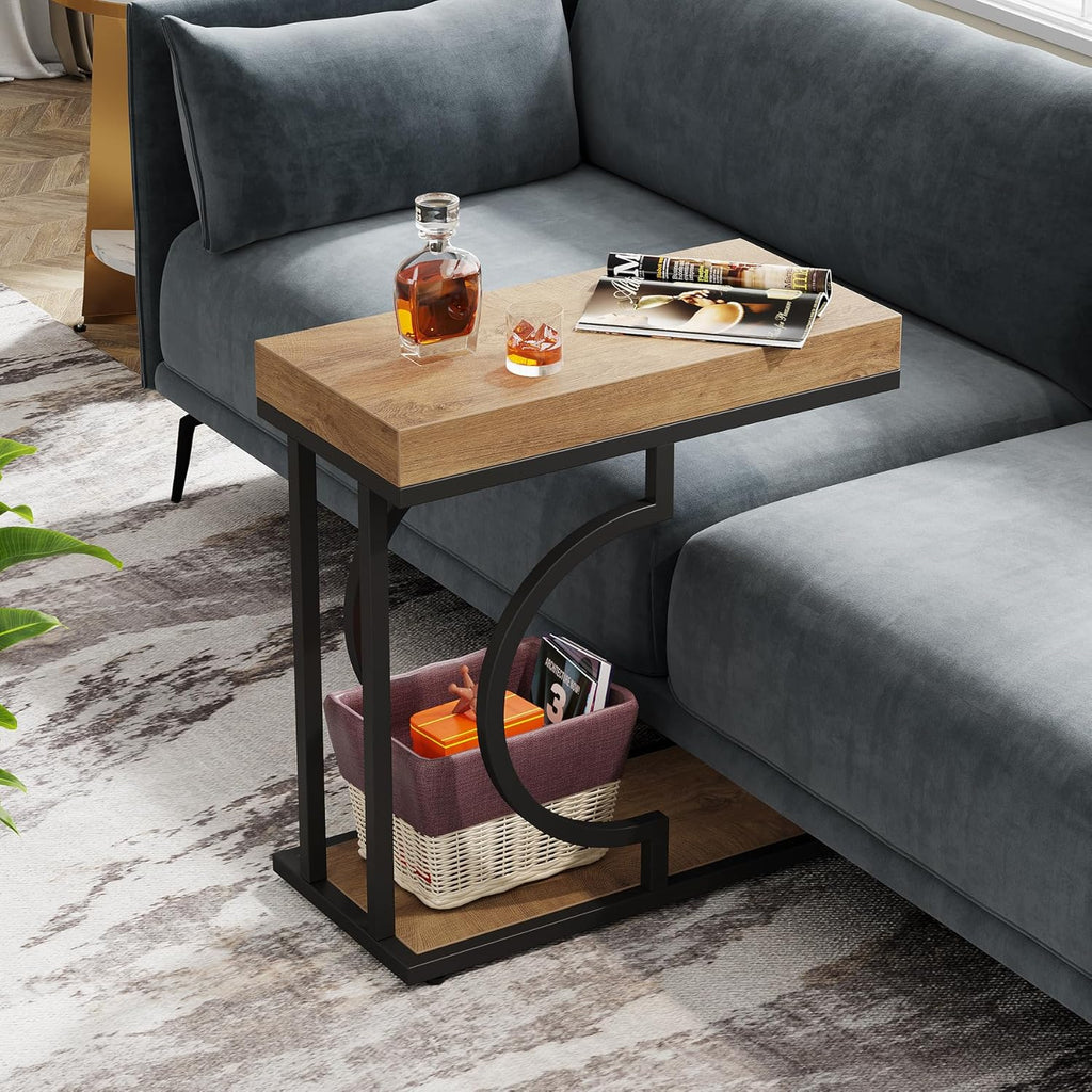 Tribesigns Narrow Side Table for Couch, C Shaped End Table with Metal Frame, Farmhouse Bedside Tables, Small Sofa Tables for Small Spaces, Living Room (1, Natural+Black)