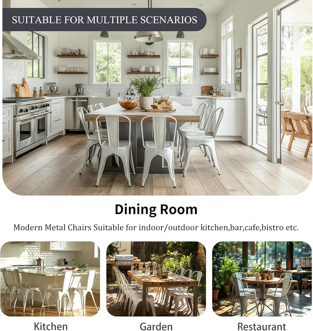 Metal Dining Chairs Set of 6 with Wooden Seat Iron Stackable Industrial Tolix Style Farmhouse Dining Room Bistro Outdoor Arctic White Color