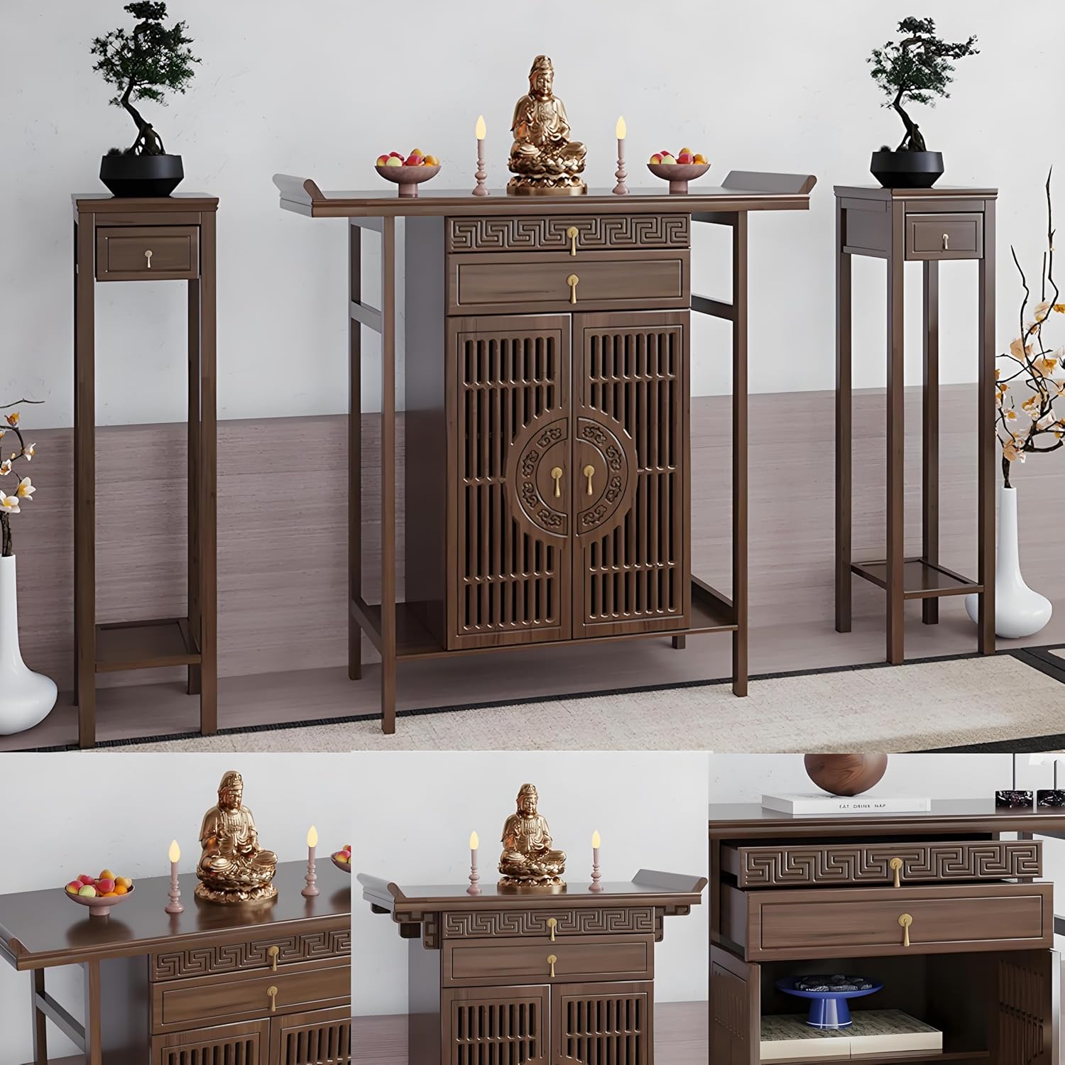 Meditation Shrine Buddhist Altar Table - Buddha Pooja Spiritual Prayer for Saints At Home Greek Altar Catholic Loved Ones Ancestral Counter for My Jesus Ofrenda Table,Walnut/47.2Inch