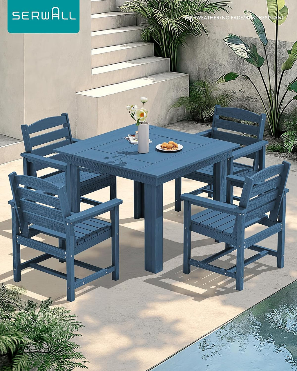 SERWALL Outdoor Dining Set for 4, HDPE Square Table and Chairs Set All Weather Patio Dining Set, 5-Piece Patio Dining Furniture for Deck, Blue