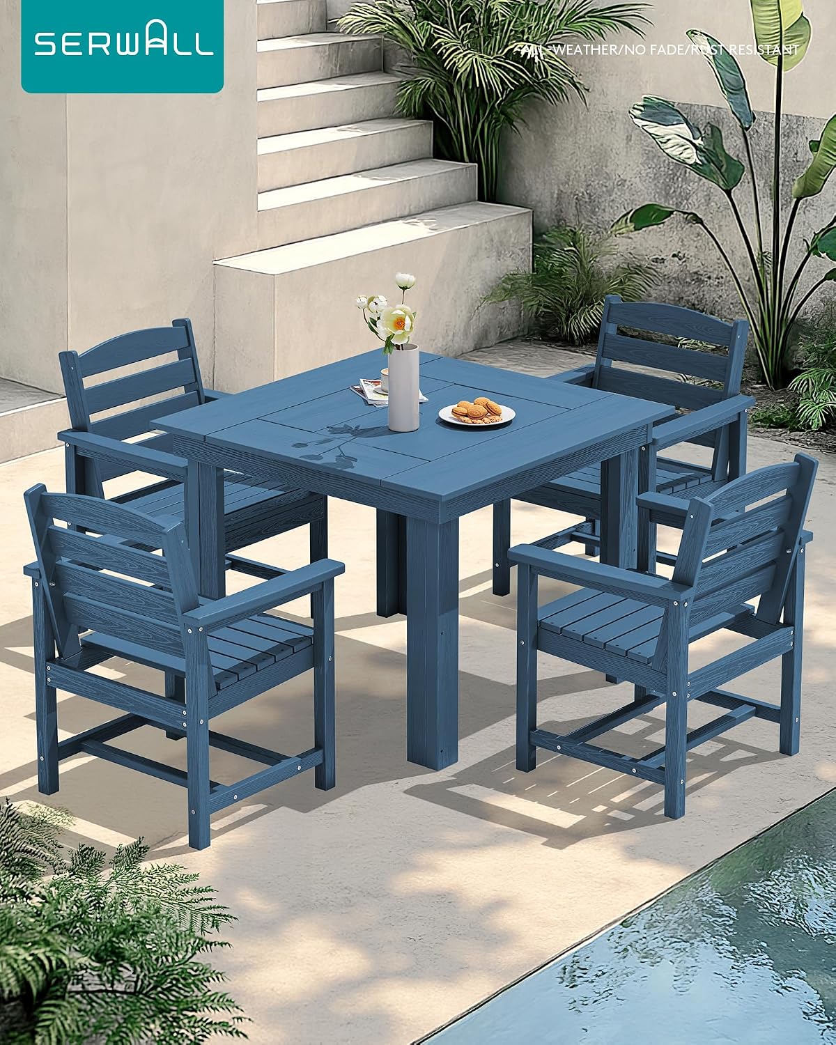 SERWALL Outdoor Dining Set for 4, HDPE Square Table and Chairs Set All Weather Patio Dining Set, 5-Piece Patio Dining Furniture for Deck, Blue