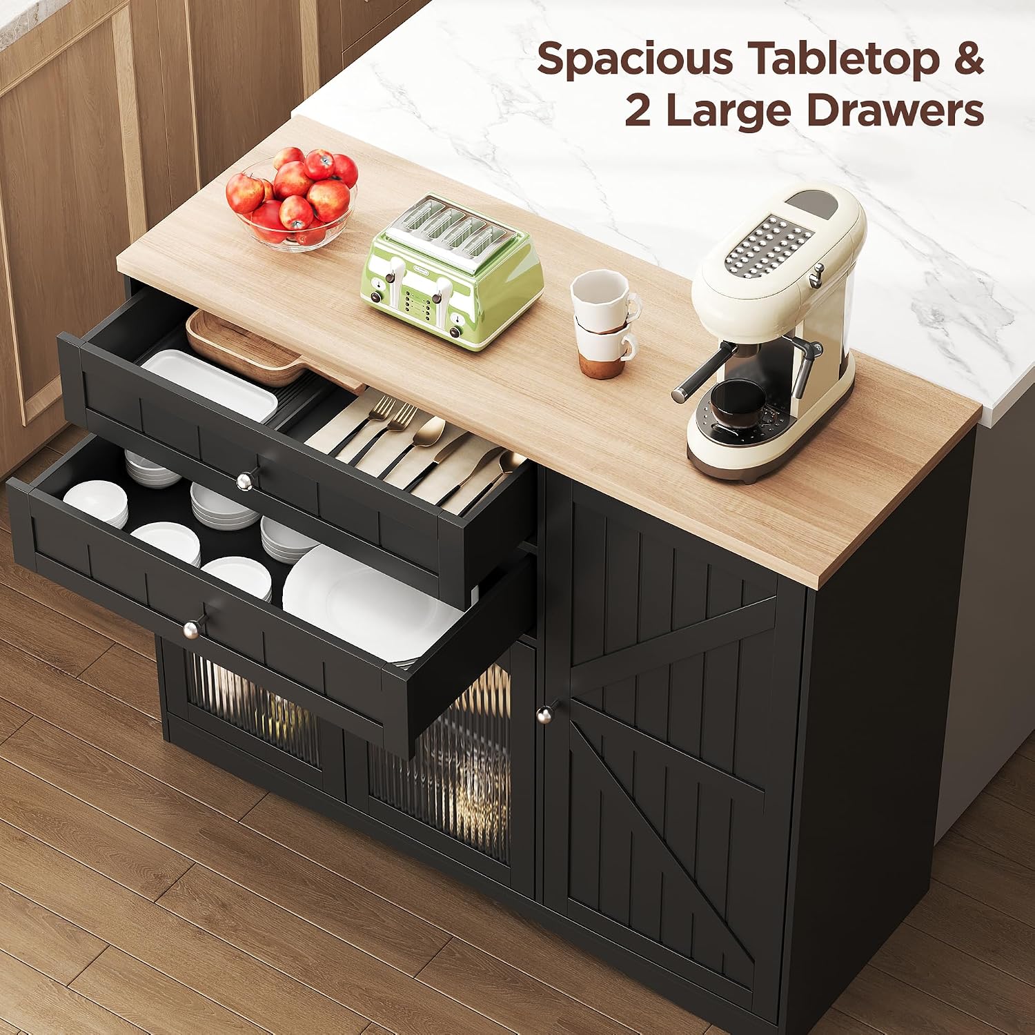 FiveWillowise Farmhouse Buffet Sideboard Cabinet, Black Storage Cabinet with Barn Doors and Drawers, Fluted Glass Doors & Adjustable Shelves, Coffee Bar with Storage for Kitchen, Living Room