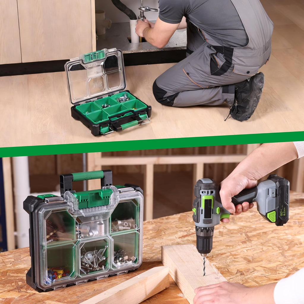 SK 13.5-Inch Small Part Organizer, Stackable Tools Box Organizer with 7 Compartments and Removable Dividers, Transparent Lid, Waterproof & Impact-Resistant Design, for Small Tools and Accessories