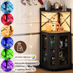 JKsmart Corner Bar Cabinet with LED Lights,4-Tier Wine Bar Cabinet with Glass Holder,Industrial Liquor Cabinet with Door and Shelf,Farmhouse Home Bar for Liquor Wine Coffee Storage,Black