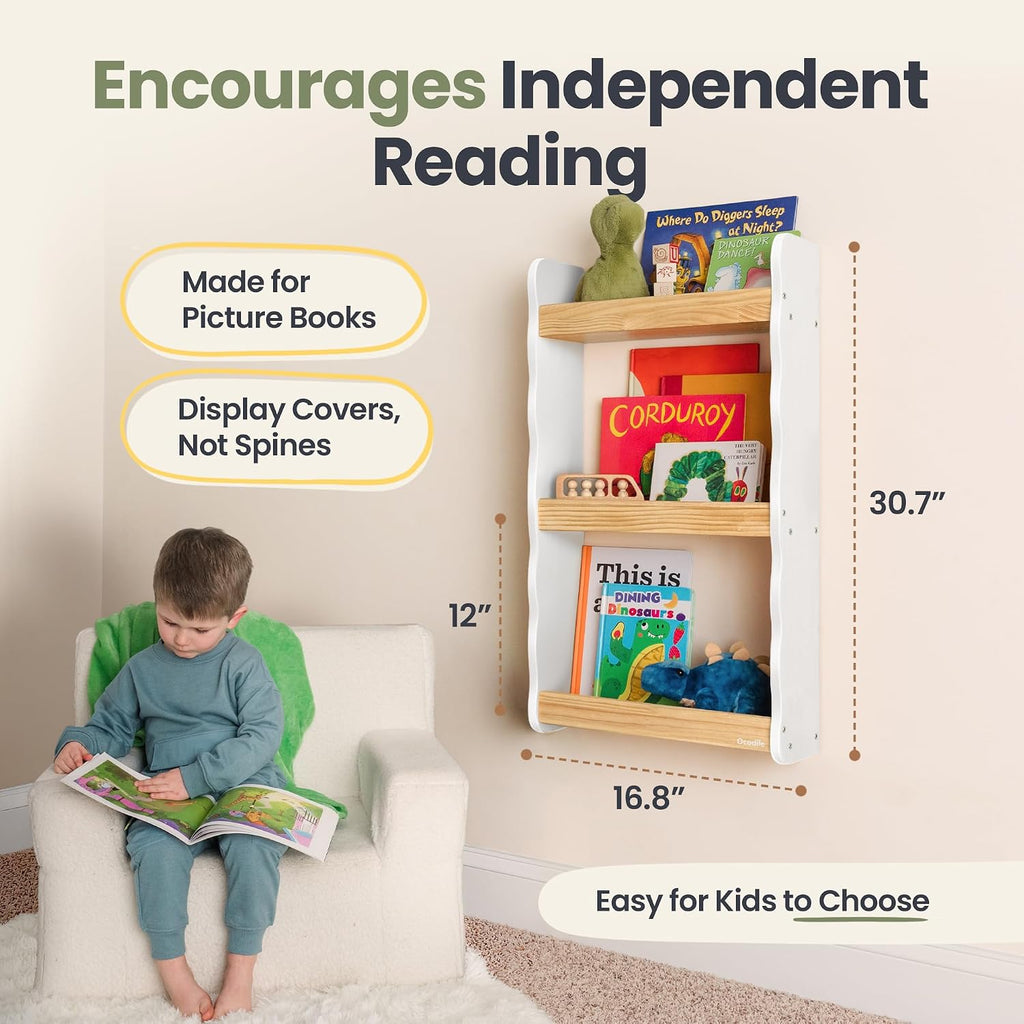 Ocodile Floating Kids Bookshelf – 3-Tier Wall Mounted Bookshelf for Nursery & Playroom – Montessori Floating Shelves for Kids Room Made of Pine Wood with Smooth Finish - White