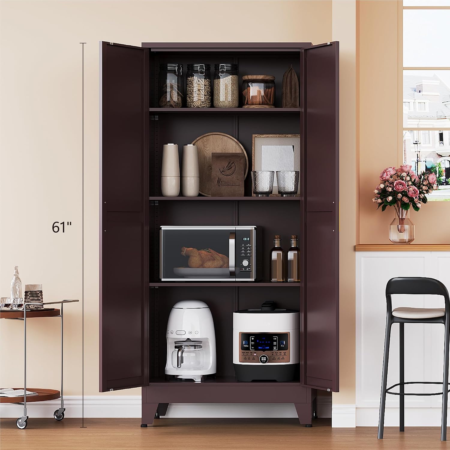 Washsemba 61" Tall Farmhouse Metal Pantry Cabinet, Kitchen Pantry Storage Cabinets with 2 Barn Door and Adjustable Shelves,for Kitchen,Laundry Room,Home Office,Kids Room （Burgundy）