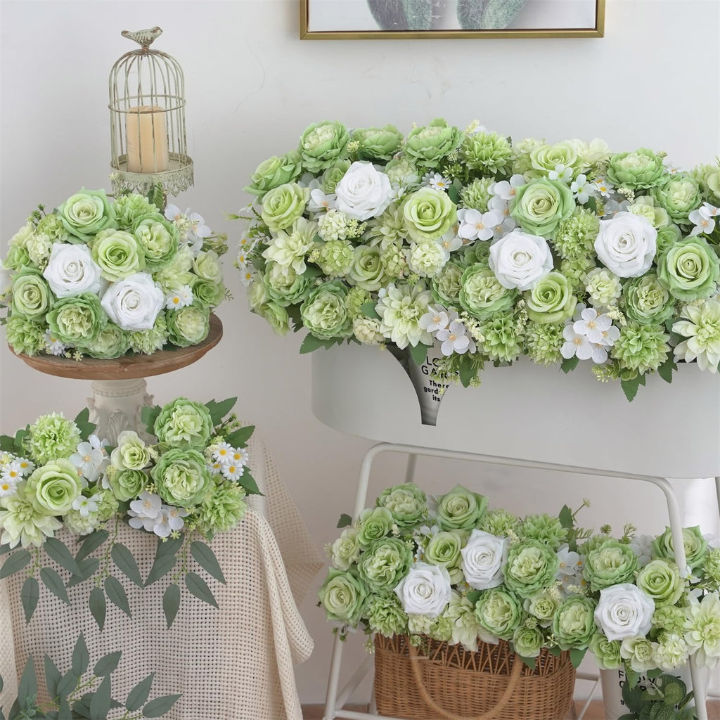 4 Pcs Mixed Artificial Flowers Set, Small Artificial Peony Bouquet Fake Rose Flower Silk Floral Arrangements for Table Centerpiece Home Wedding Party Bridal Decoration(Green, 2 Bouquets & 2 Stems)