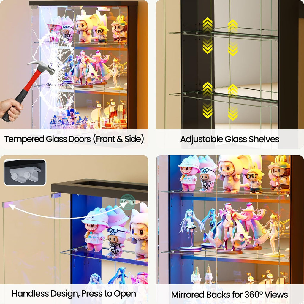 Wall Display Case with Glass Doors - RGB Hanging Display Cabinet with Auto Sensor Lights, Glass Door Cabinet with Adjustable Shelves, Shot Glass Display Case for Collectibles, Figures, Cards (Black)