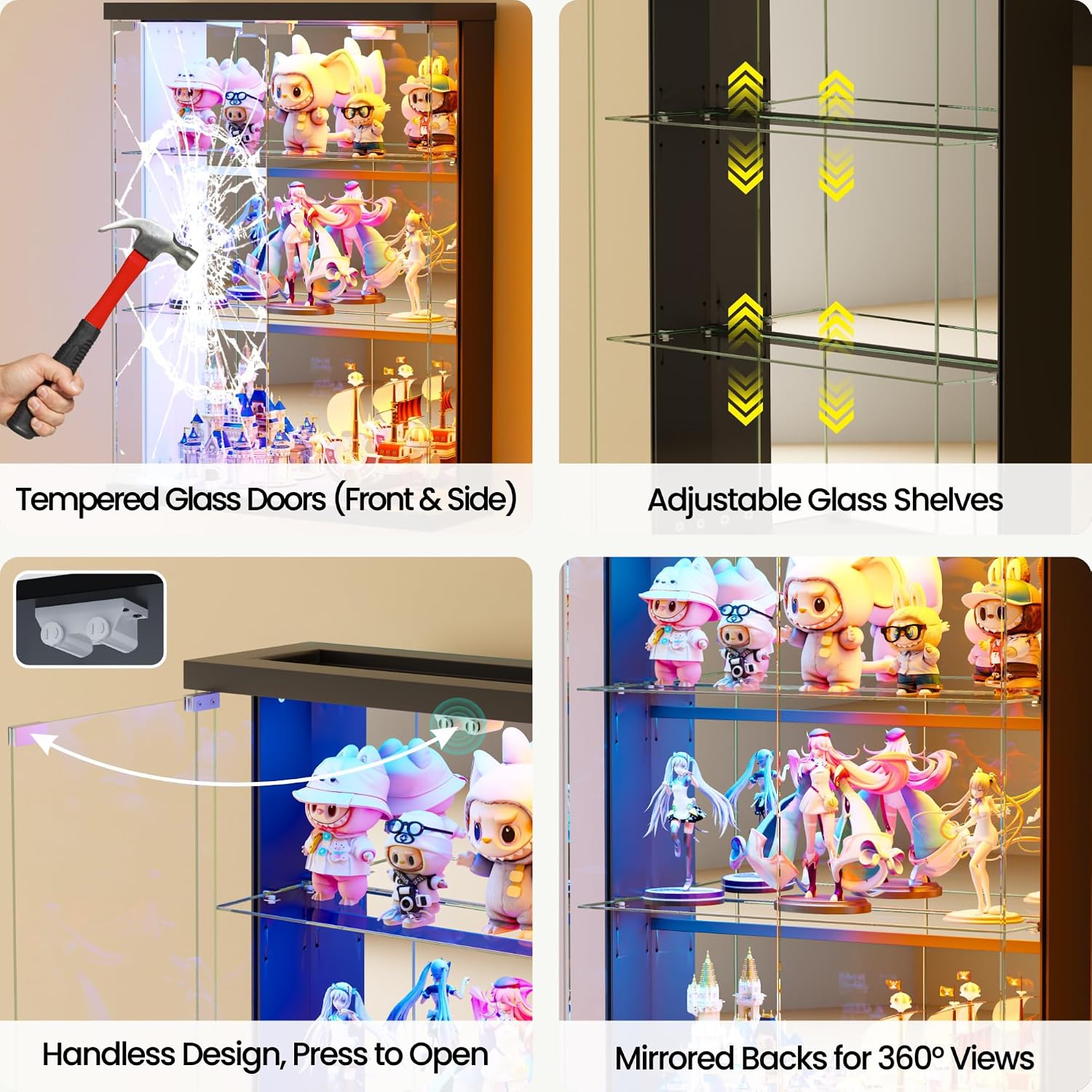 Wall Display Case with Glass Doors - RGB Hanging Display Cabinet with Auto Sensor Lights, Glass Door Cabinet with Adjustable Shelves, Shot Glass Display Case for Collectibles, Figures, Cards (Black)