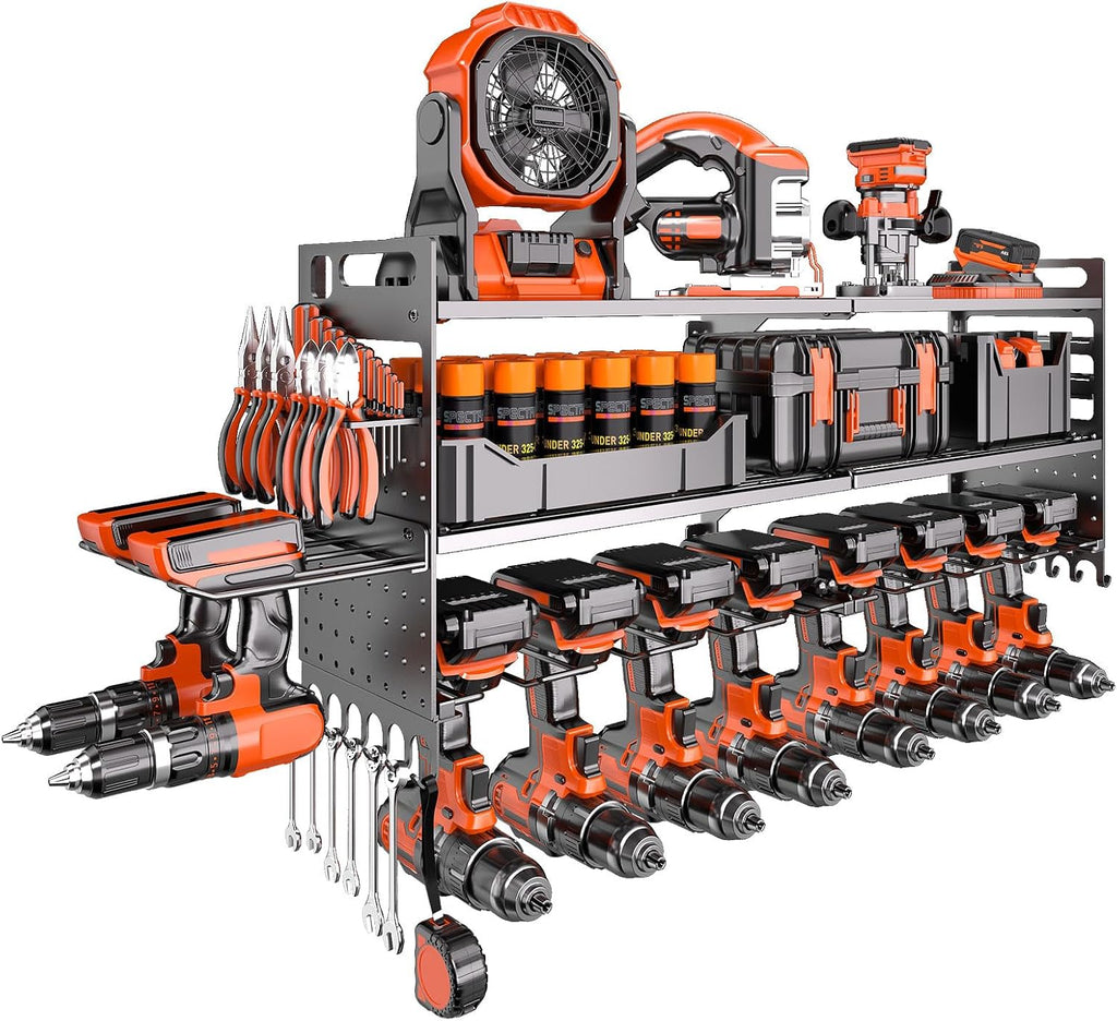33" W Power Tool Organizer Wall Mount,Heavy Duty Cordless Tool Organizer with 10 Drill Holder, 300 Lbs Capacity 3-Layer Garage Organization for Garage and Workshop (Black)