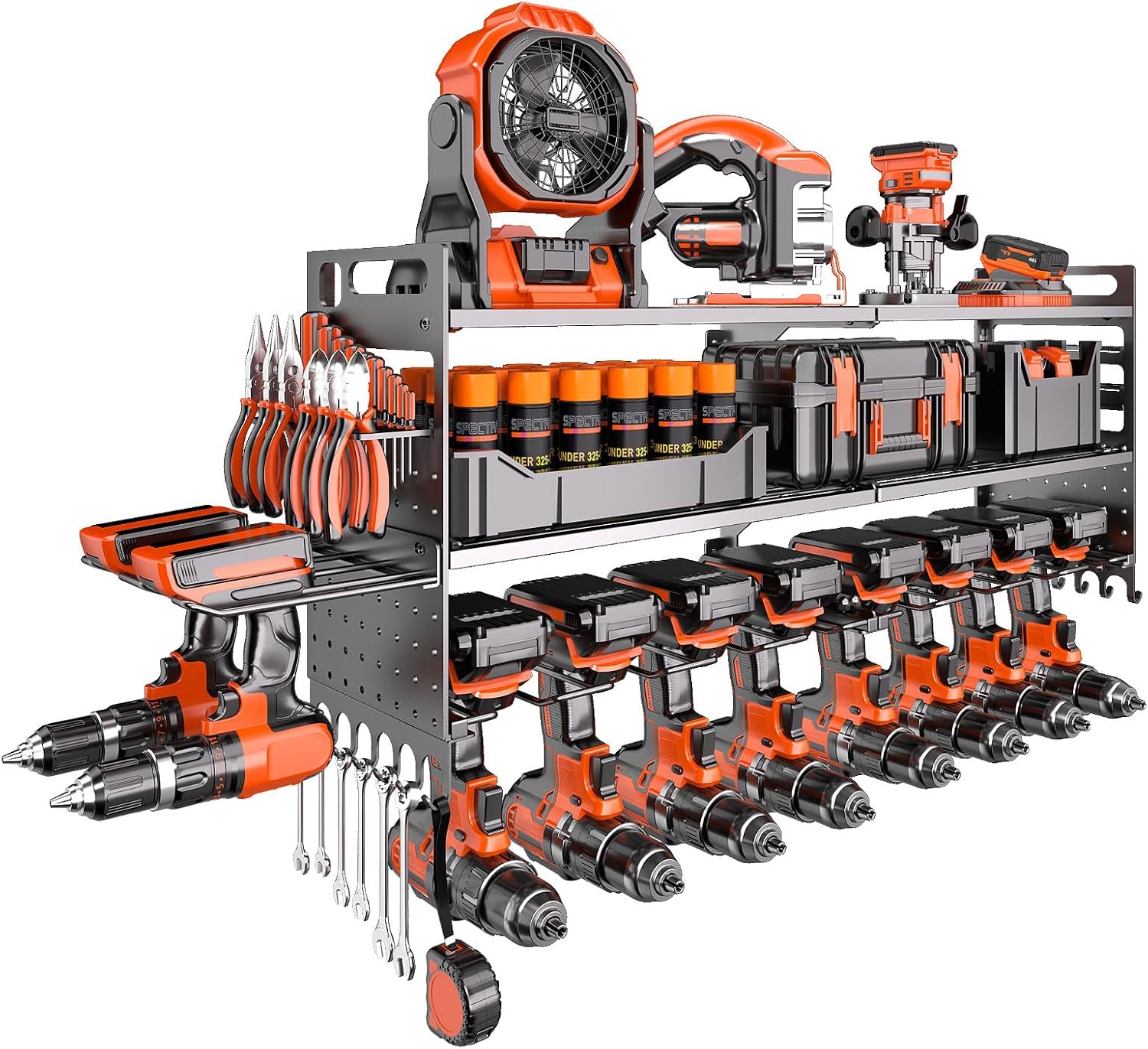 33" W Power Tool Organizer Wall Mount,Heavy Duty Cordless Tool Organizer with 10 Drill Holder, 300 Lbs Capacity 3-Layer Garage Organization for Garage and Workshop (Black)