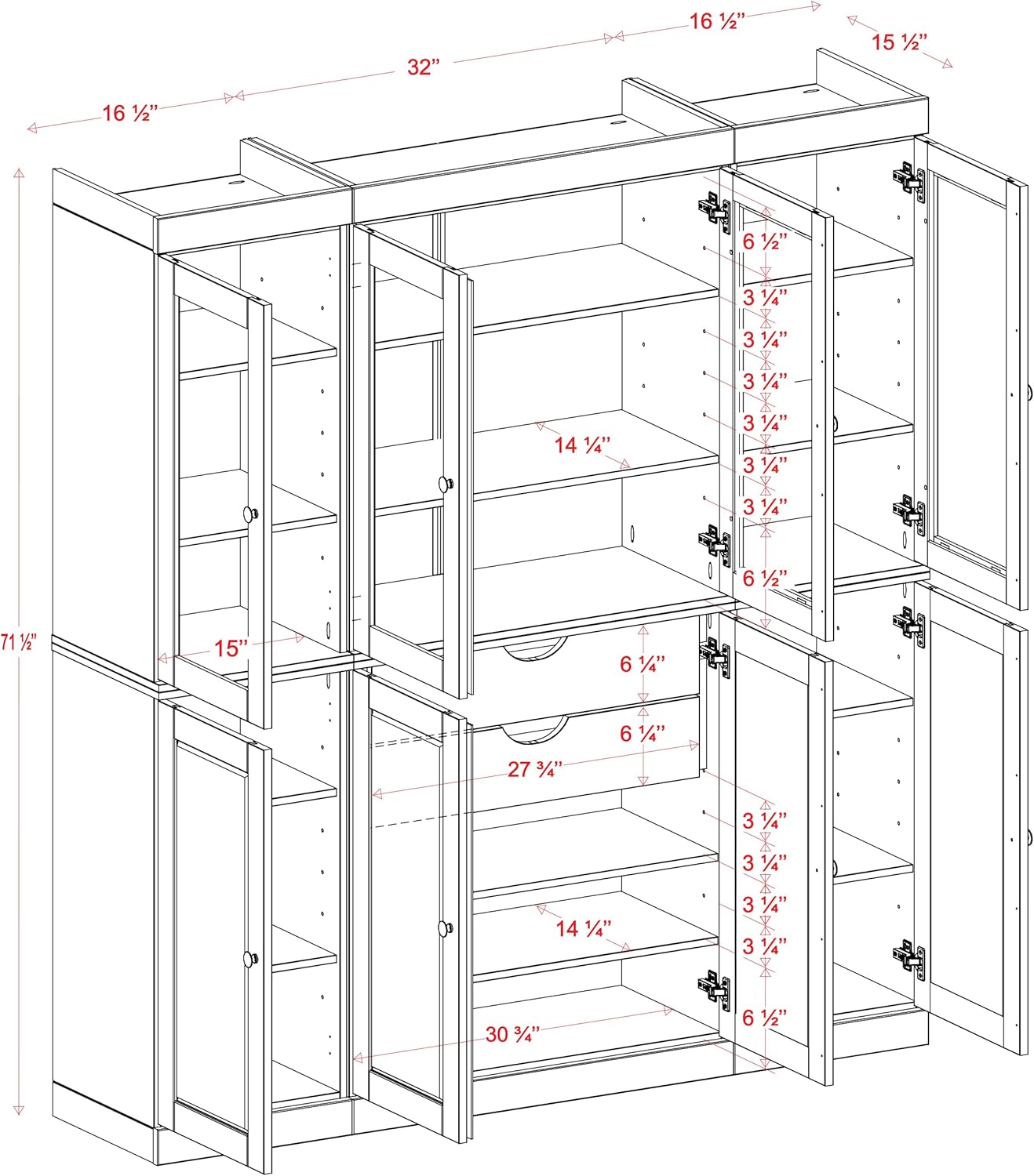 Palace Imports 100% Solid Wood Kitchen Pantry with 2-Drawer Kit, Mocha, 65" w x 71.5" h x 15.5" d, Renewable Eco-Friendly Wood, Made in Brazil