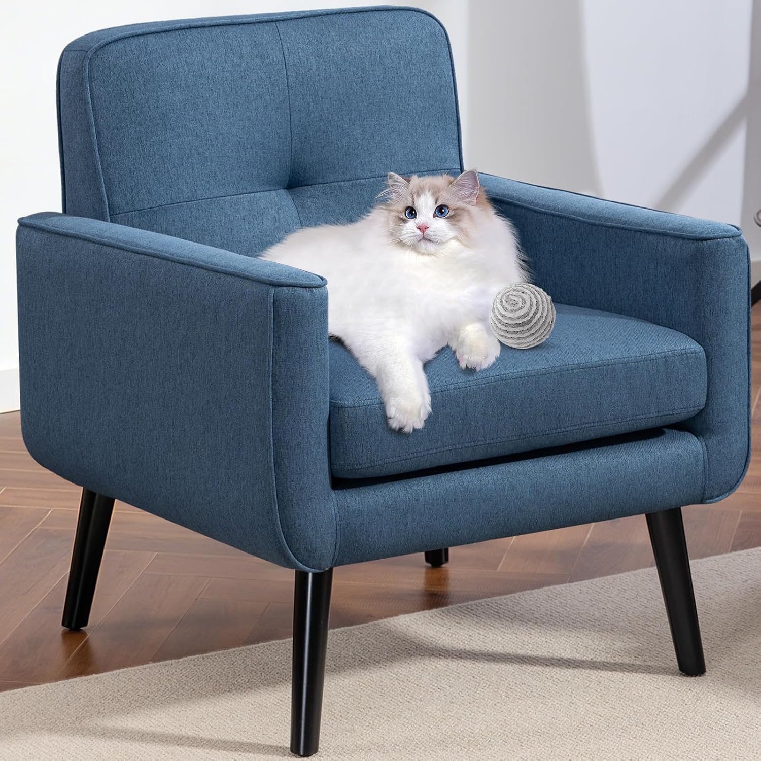 Vogue Furniture Direct Mid Century Accent Chair, Fabric Modern Chair with Wooden Frame, Cozy Armchair Reading Chair with Comfy Back for Apartment, Living Room, Bedroom, Small Space, Corner, Blue