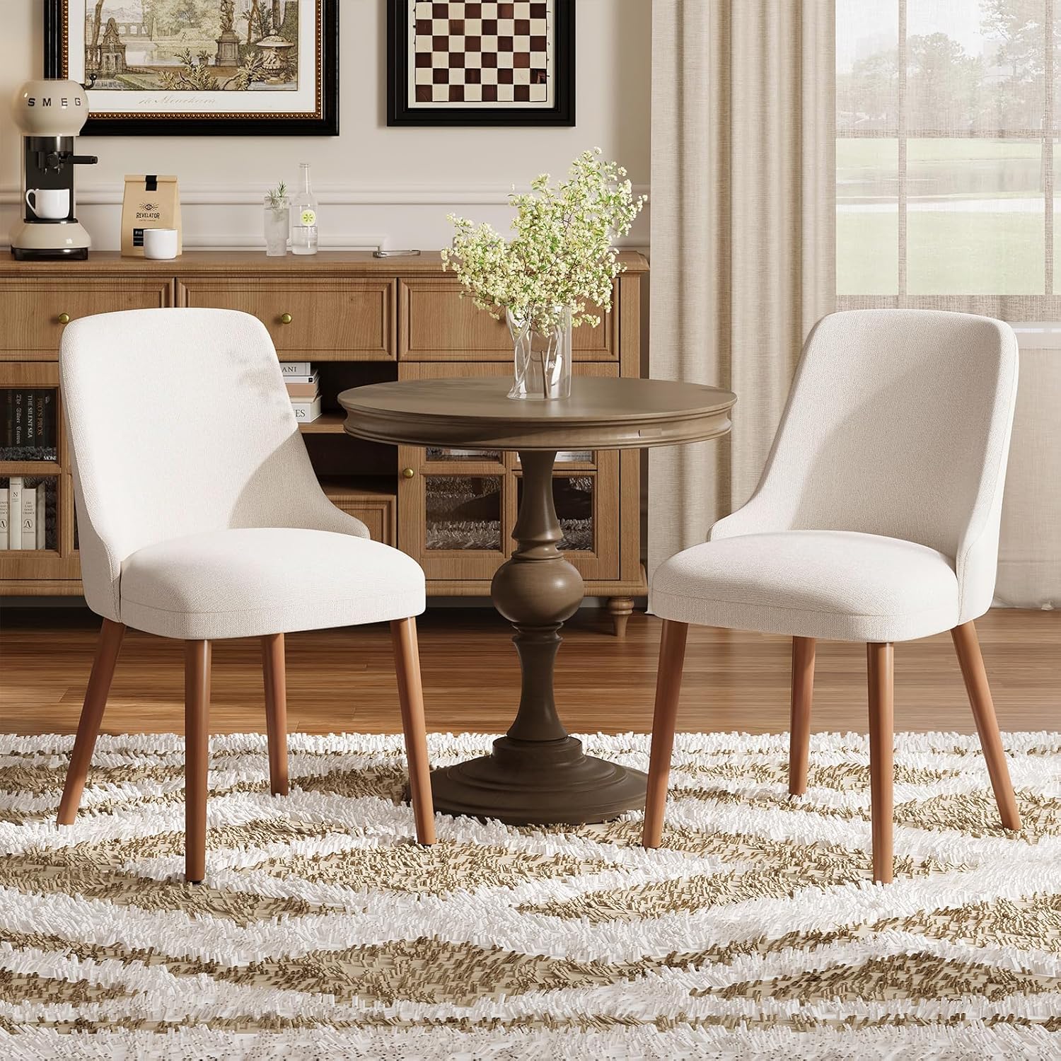 MALOL Dining Room Chair Set of 2, Upholstered Kitchen Chairs with Wood Legs, High-Back Padded Dining Chairs for Dining Room/Restaurant/Cafe, Beige