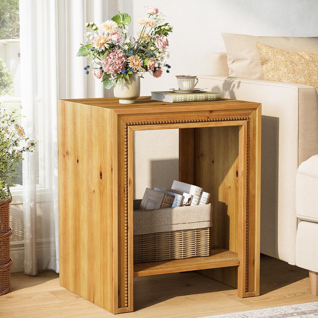 Solid Wood End Table, 2-Tier Farmhouse Side Table with Storage Shelves, Rustic Narrow Nightstand for Small Spaces, Living Room, Bedroom, Warm Brown (1)