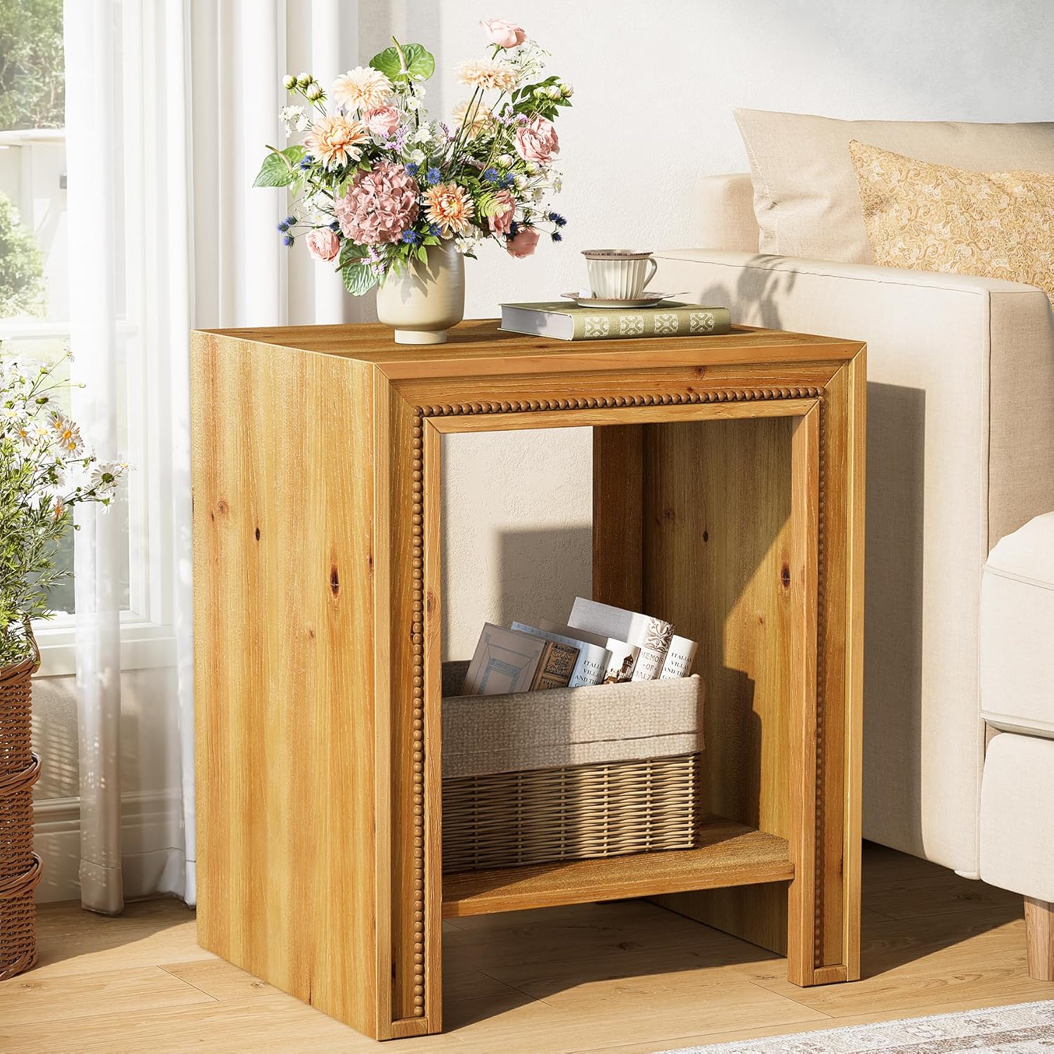 Solid Wood End Table, 2-Tier Farmhouse Side Table with Storage Shelves, Rustic Narrow Nightstand for Small Spaces, Living Room, Bedroom, Warm Brown (1)