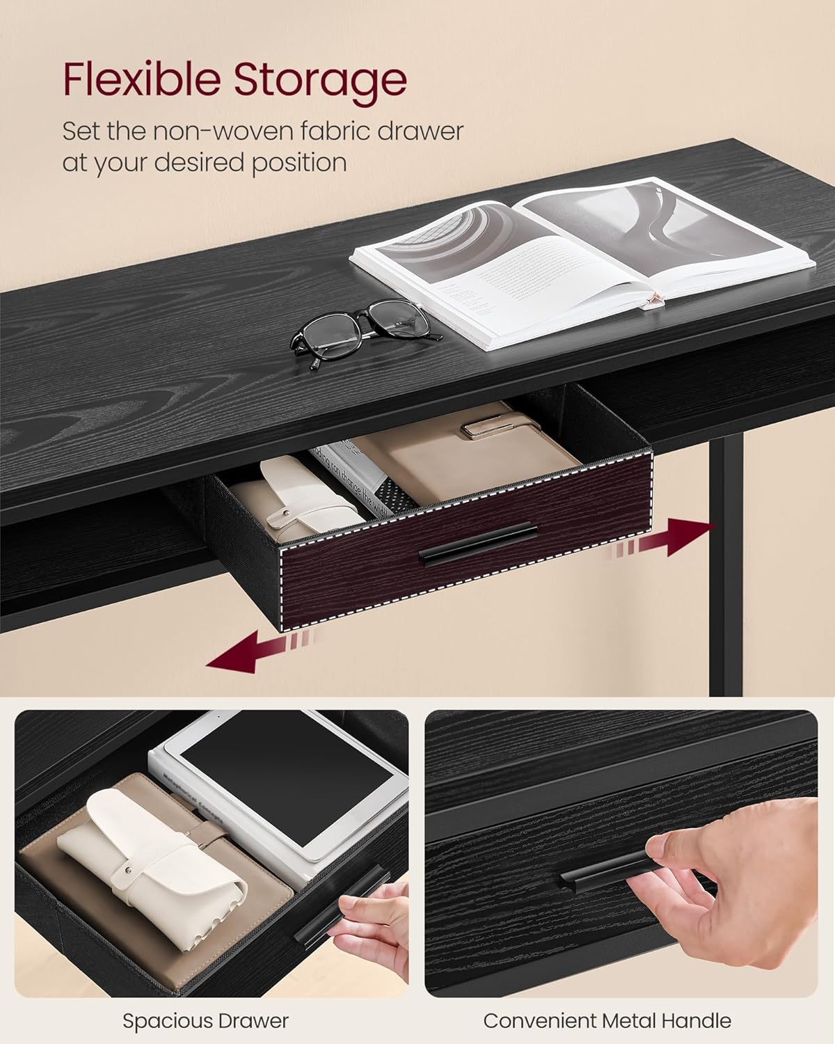 VASAGLE Bar Table with Power Outlets, 39.4 Inches Long Bar Height Pub Table, Rectangular High Top, with Movable Drawer, 2 Hooks, Narrow Storage for Kitchen, Dining, Entryway, Ebony Black