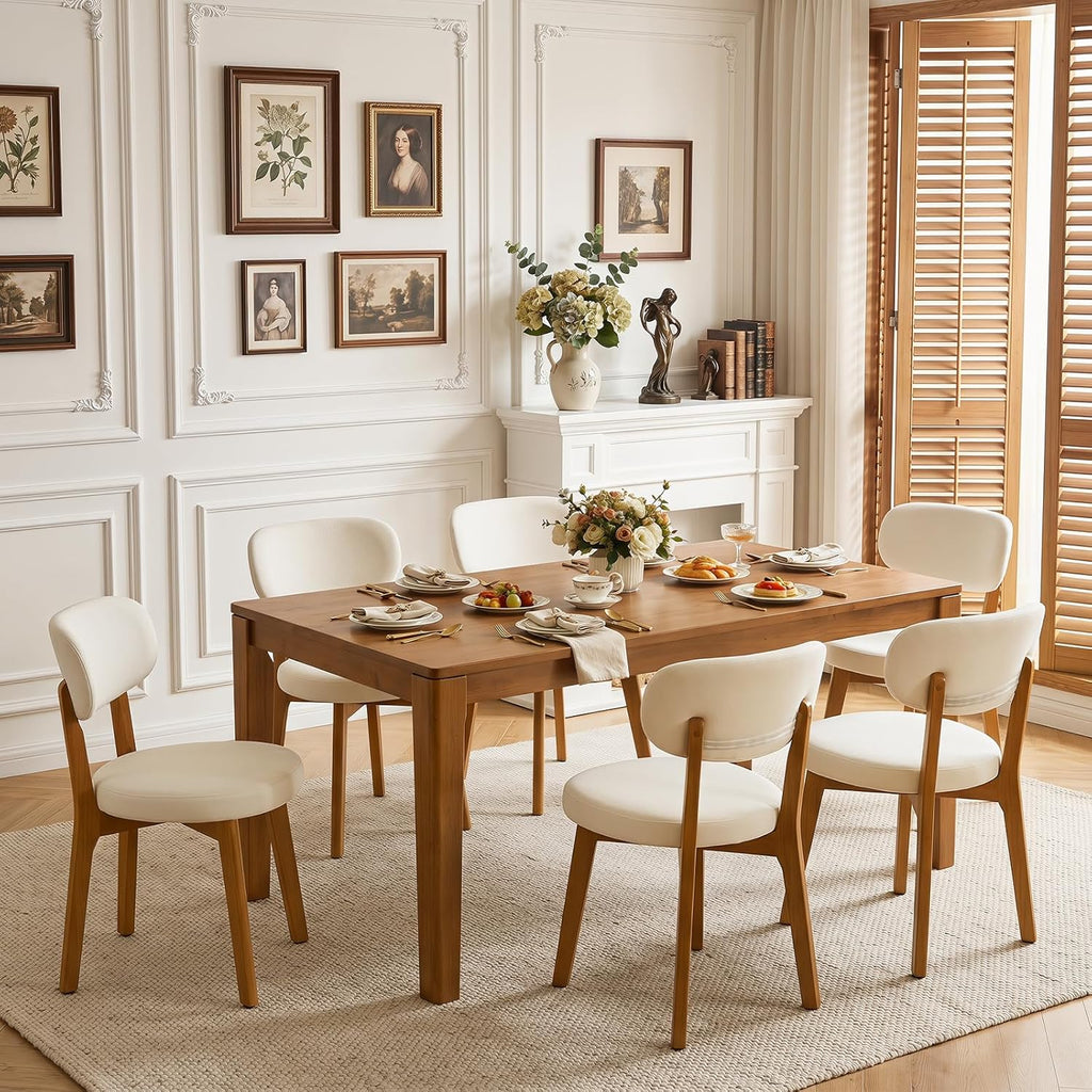 Furniliving Mid Century Modern Dining Chairs Set of 6, 300 lbs Capacity Upholstered Linen Kitchen Chairs with Solid Natural Wood Frame and Ergonomic Curved Back, Beige