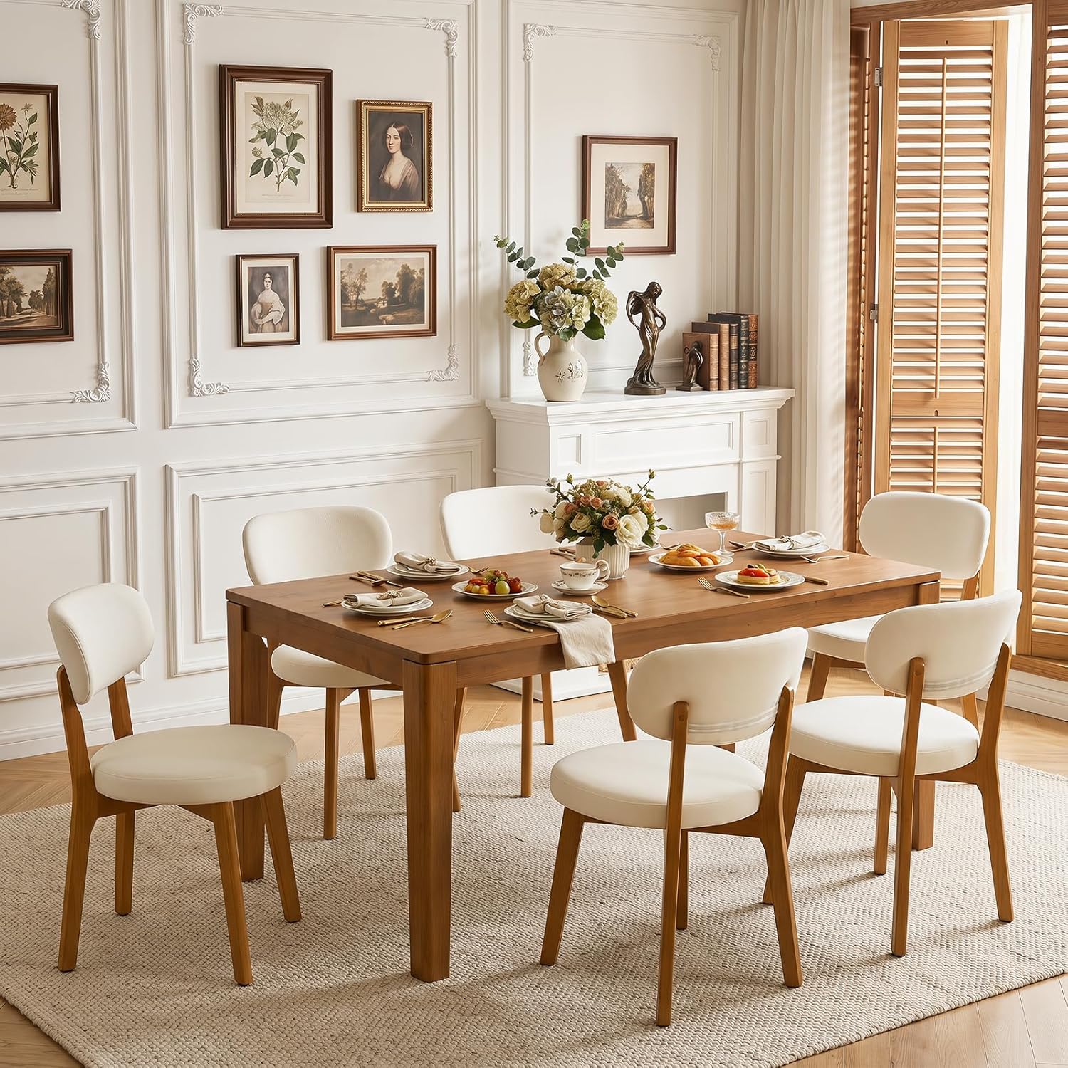 Furniliving Mid Century Modern Dining Chairs Set of 6, 300 lbs Capacity Upholstered Linen Kitchen Chairs with Solid Natural Wood Frame and Ergonomic Curved Back, Beige