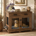 44.48" Large Dog Crate Furniture End Table (Brown) | 2 Storage Drawers, Rotating Removable Bowls, Lockable Double Doors, Reinforced Metal Bars
