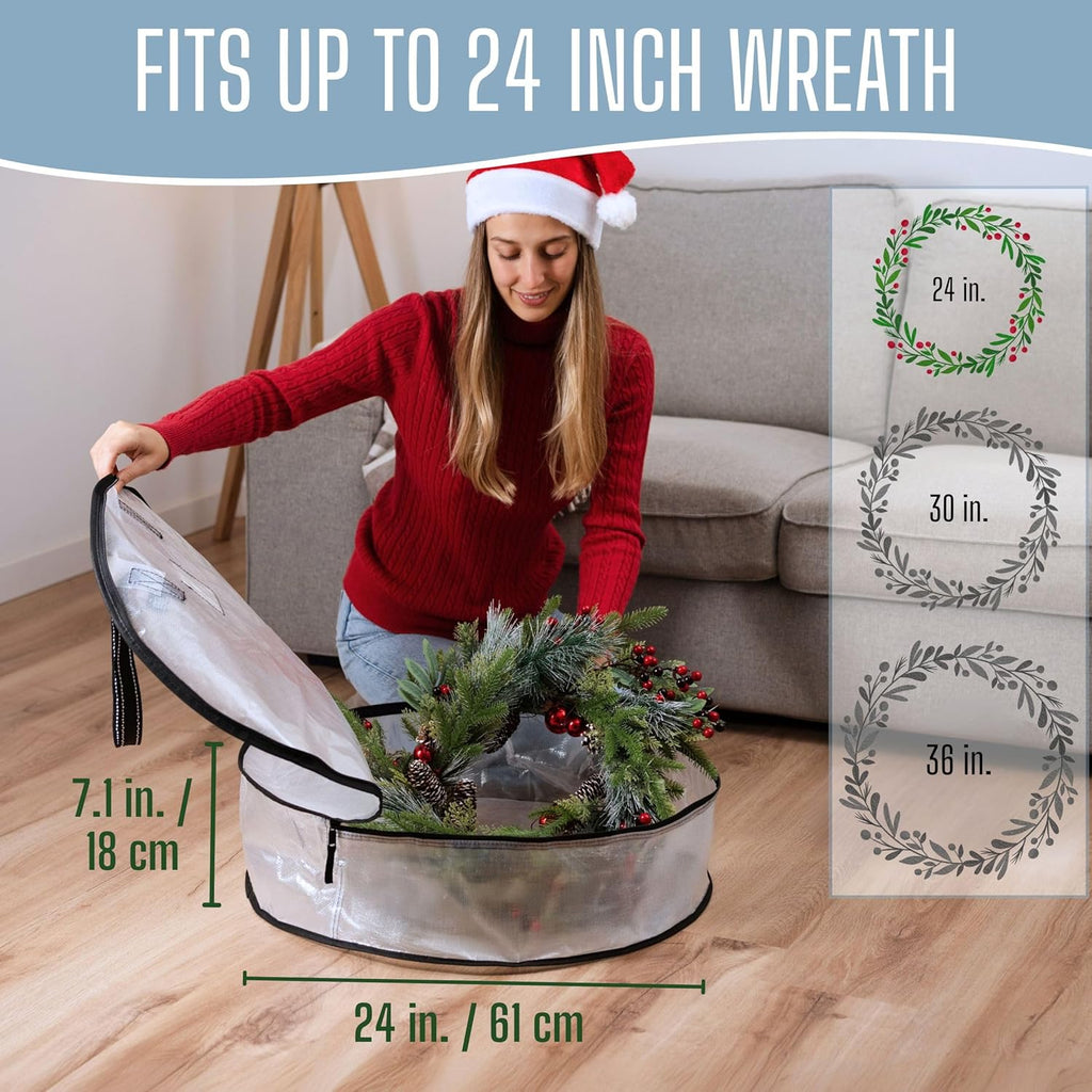 VENO 2 Pack Summer Wreath Storage Container, 24 Inch Clear Wreath Bag, Spring, Christmas Garland Decoration Organizers with Zipper and Durable Handles (Clear, 24"-2 Pack)