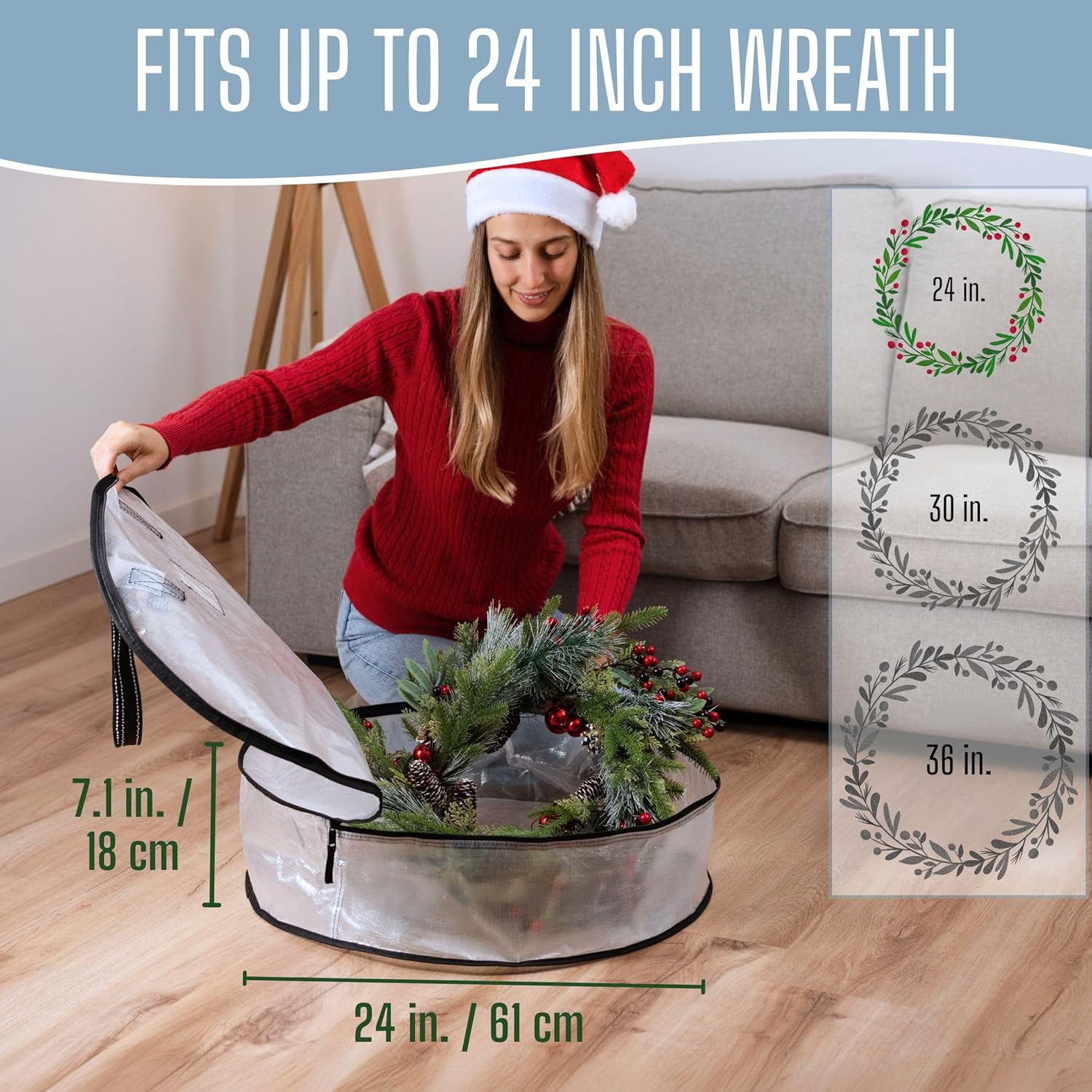 VENO 2 Pack Summer Wreath Storage Container, 24 Inch Clear Wreath Bag, Spring, Christmas Garland Decoration Organizers with Zipper and Durable Handles (Clear, 24"-2 Pack)