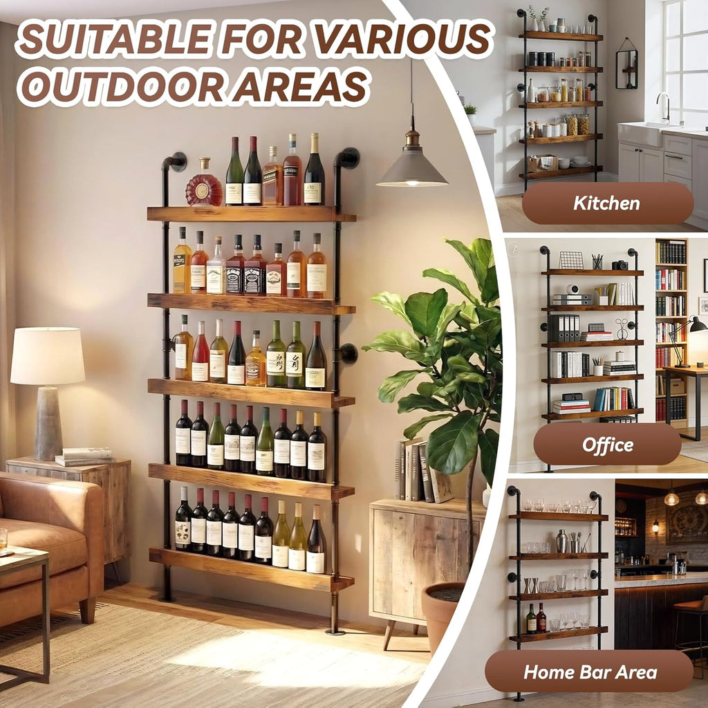 TONGMO 5-Tier Wall Mounted Wine Rack, Industrial Pipe Floating Bar Shelves, Liquor Bottle Display Shelf Holds 40+ Bottles, Space-Saving Storage for Home Bar Kitchen Dining Room, 31.5” W x 79” H