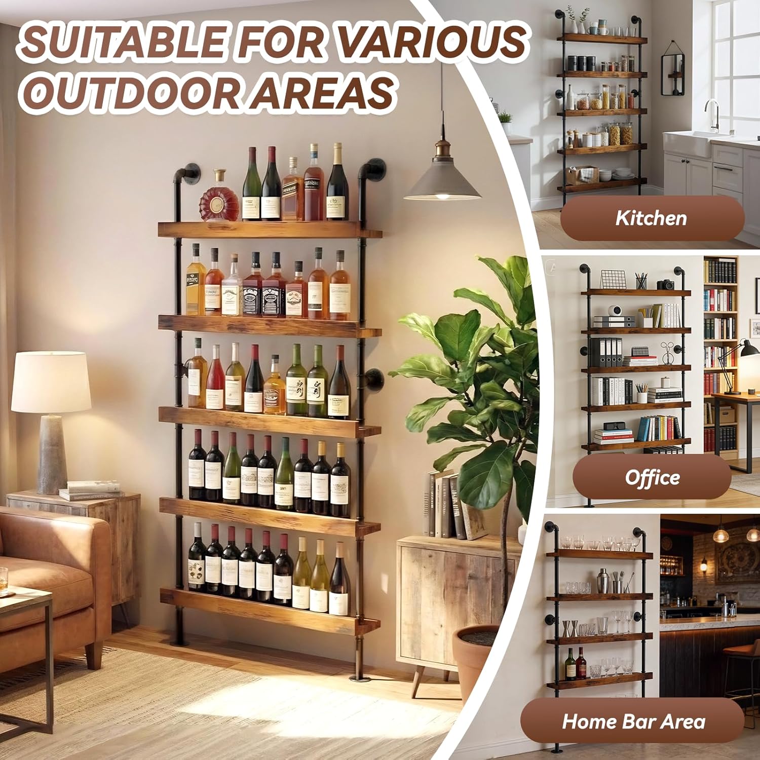 TONGMO 5-Tier Wall Mounted Wine Rack, Industrial Pipe Floating Bar Shelves, Liquor Bottle Display Shelf Holds 40+ Bottles, Space-Saving Storage for Home Bar Kitchen Dining Room, 31.5” W x 79” H
