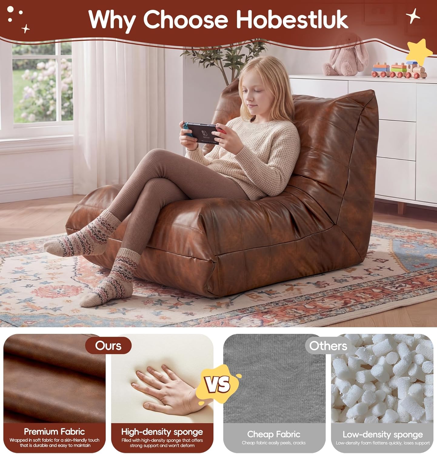 Hobestluk Bean Bag Chair for Teens Toddler Bean Bag Chair with Memory Foam Filler Leather Beanbag with Spacious Design Bean Bag Couch for Reading Gaming Relaxing (Brown, Medium)