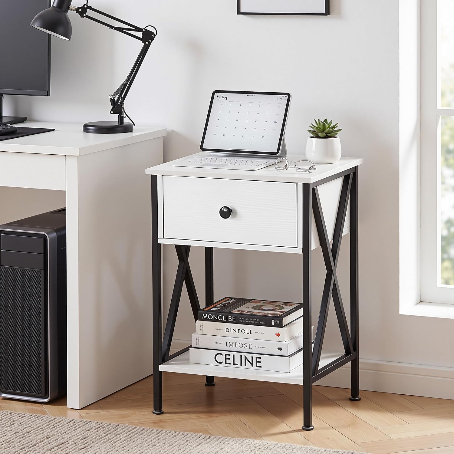 VECELO Nightstand,Modern Bedside End Table, Night Stand with Drawer and Storage Shelf for Living Room Bedroom, Industrial Metal Frame