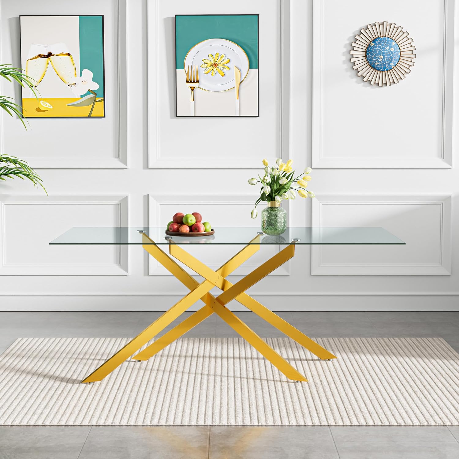 61" Glass Dining Table for 6, Modern Kitchen Dining Room Table with Rectangular Tempered Glass Top and X Metal Legs, Large Gold Glass Dinner Table for Kitchen