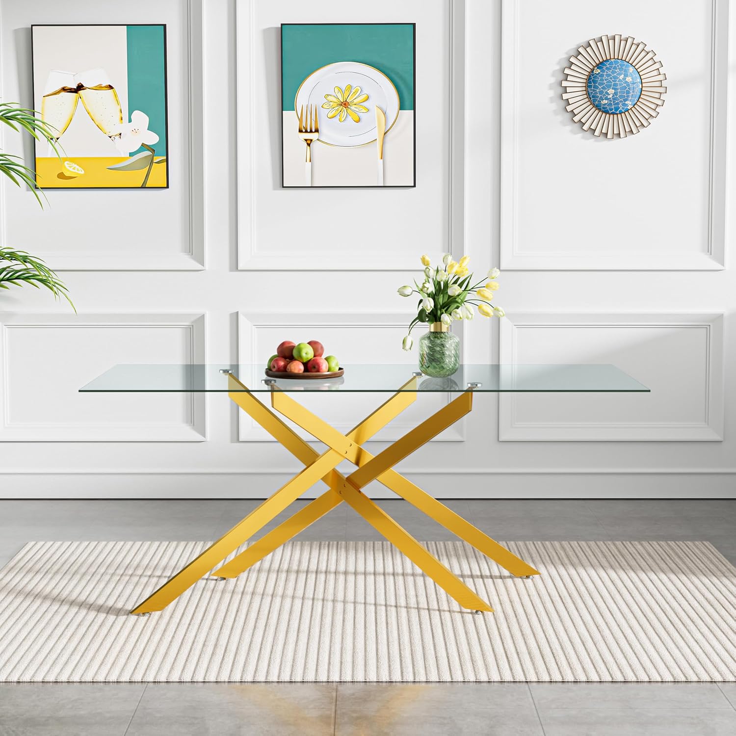 SSLine 61" Glass Dining Table Set for 6,Modern 7 Pieces Kitchen Table and Chairs Set w/Gold Tempered Glass Tabletop and 6 Velvet Chairs for Kitchen Apartment