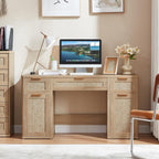 LEYAOYAO Office Desk 56" with 5 Drawers Storage File Cabinet Rattan Wood Desk for Computer Office Bedroom Home Furniture Natural