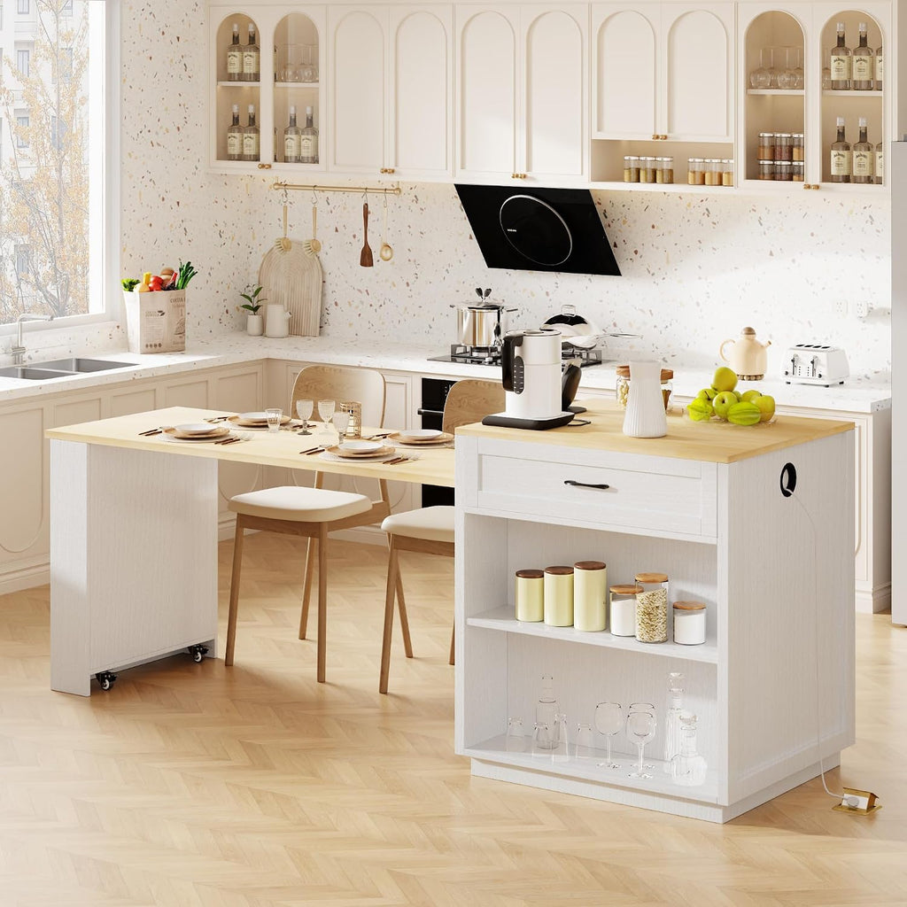 82.7" Kitchen Island with Extendable Dining Table, Faux Mable Table with Double-Sized Storage, Power Outlet, 2 Drawers, 2 Side Open Shelves for 4-6 Kitchen, Dining Room, White