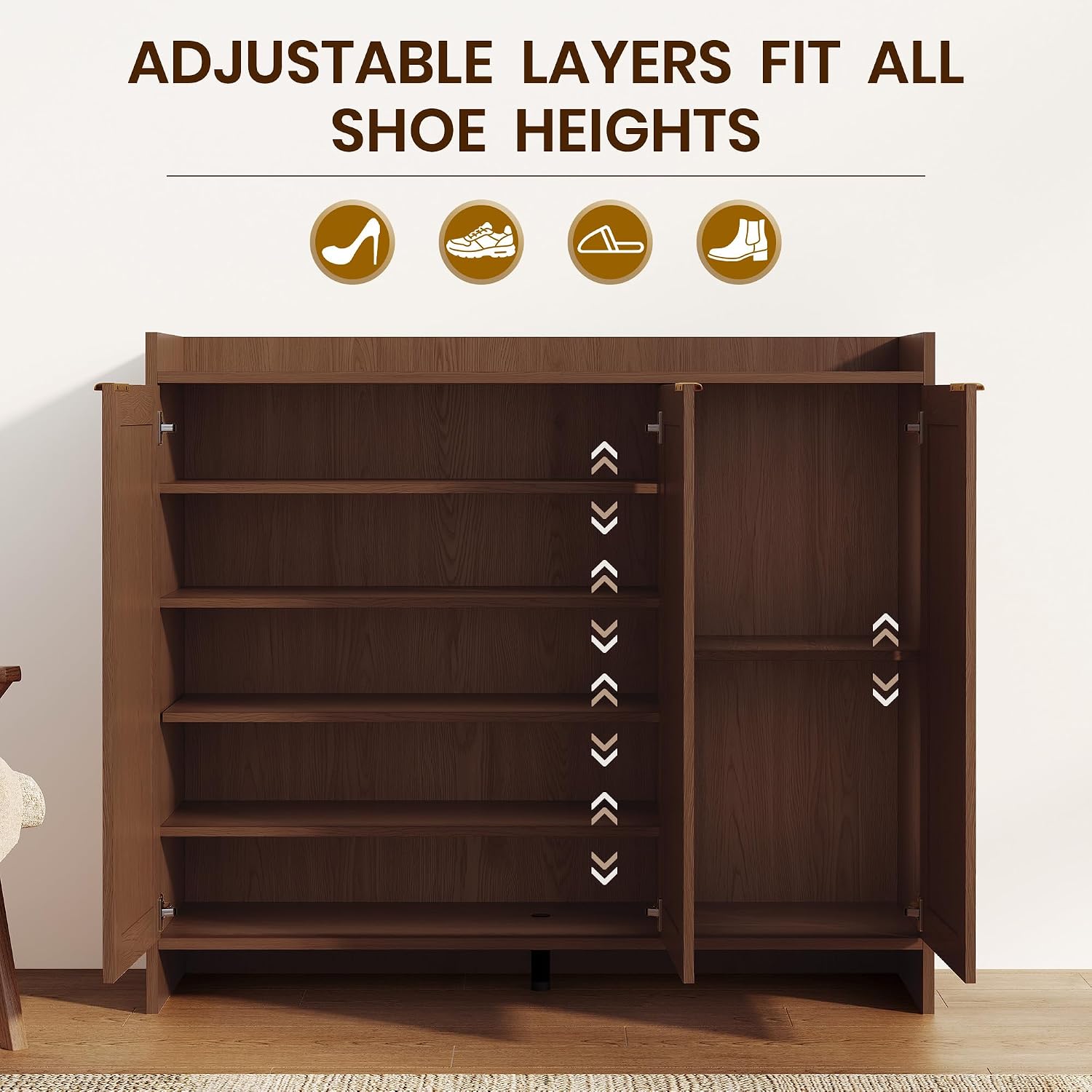 Shoe Cabinet, 41" Tall Rattan Shoe Storage Organizer Cabinet, Adjustable Shelves, 6-Tier Farmhouse Boho Wooden Storage Cabinet for Entryway Hallway Closet Bedroom,Walnut
